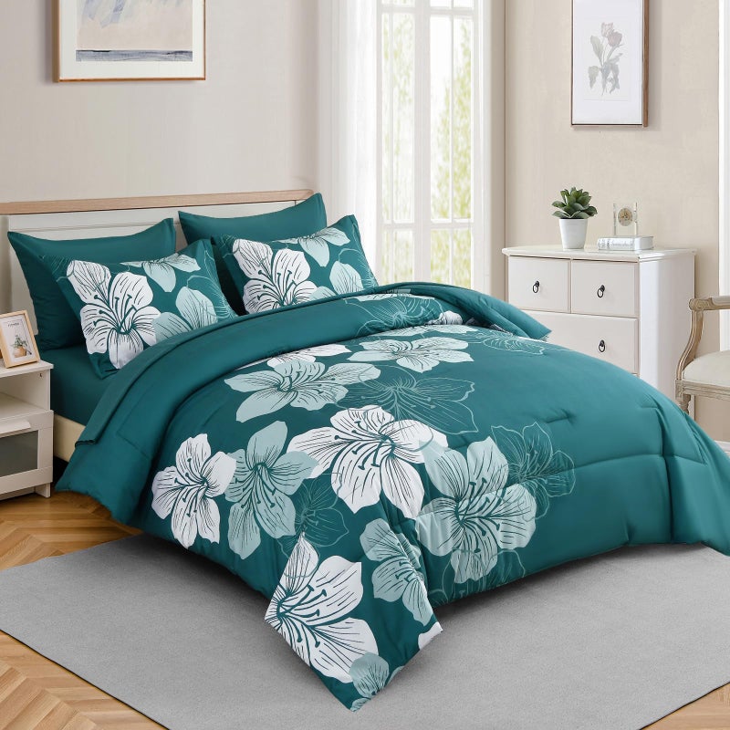 Luxudecor Floral Comforter Set Queen Size  7 Pieces Bed in a Bag Teal Floral Comforter and Sheet Set  Soft Microfiber Teal Blue Complete Bedding Sets for All Seasons - Image 2