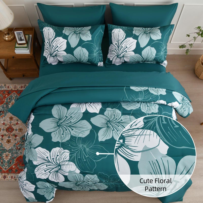 Luxudecor Floral Comforter Set Queen Size  7 Pieces Bed in a Bag Teal Floral Comforter and Sheet Set  Soft Microfiber Teal Blue Complete Bedding Sets for All Seasons - Image 3