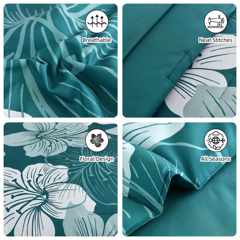 Luxudecor Floral Comforter Set Queen Size  7 Pieces Bed in a Bag Teal Floral Comforter and Sheet Set  Soft Microfiber Teal Blue Complete Bedding Sets for All Seasons - Image 5
