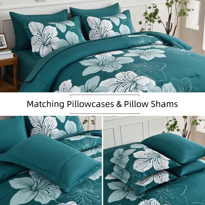 Luxudecor Floral Comforter Set Queen Size  7 Pieces Bed in a Bag Teal Floral Comforter and Sheet Set  Soft Microfiber Teal Blue Complete Bedding Sets for All Seasons - Image 4