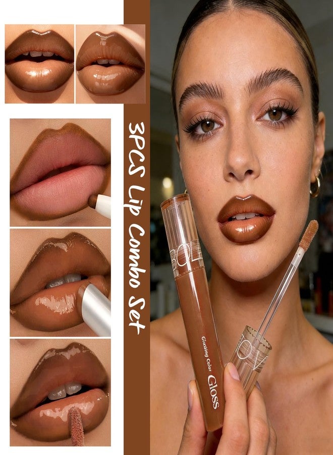 U-Shinein Brown Lip Kit With Matte Lip Liner, Lipstick and Lip Gloss Combo, Long Lasting, Highly Pigmented & Smudge Proof Makeup for Women Hydrating Formula with Natural Glossy Finish 3 Count - Image 2