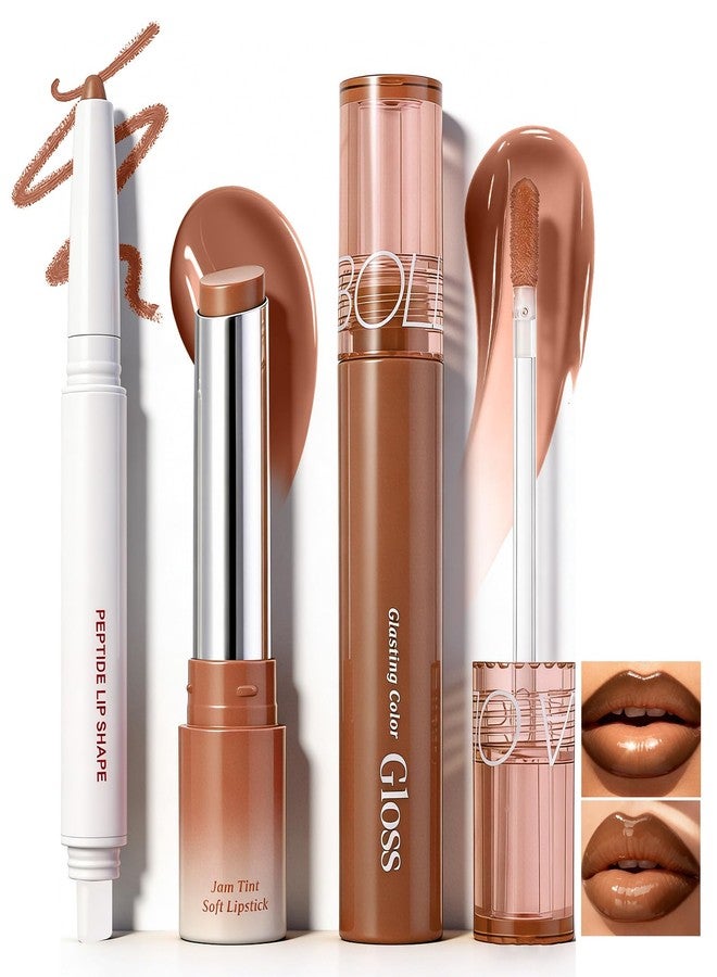 U-Shinein Brown Lip Kit With Matte Lip Liner, Lipstick and Lip Gloss Combo, Long Lasting, Highly Pigmented & Smudge Proof Makeup for Women Hydrating Formula with Natural Glossy Finish 3 Count - Image 1