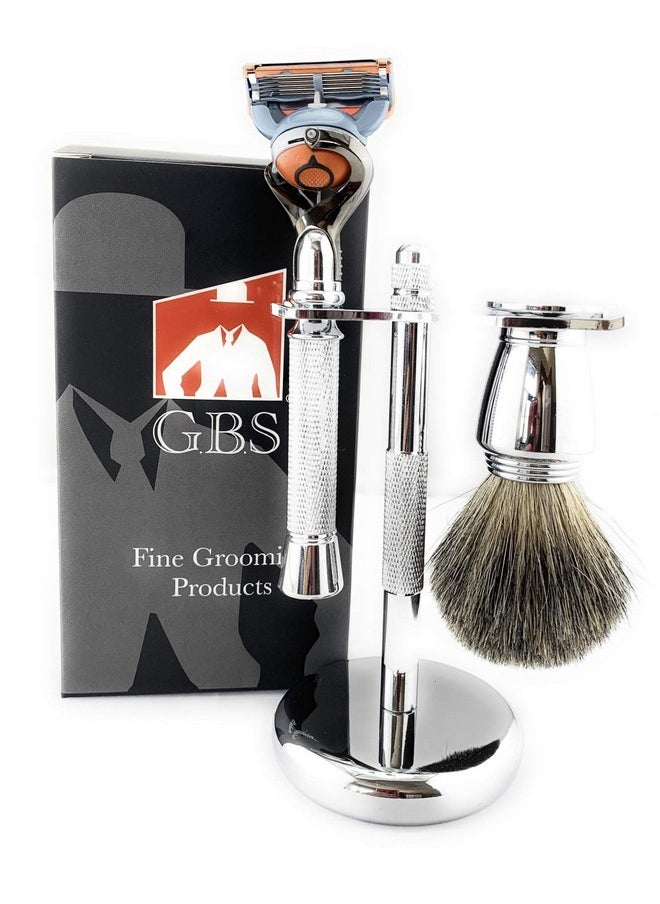 G.B.S - Chrome Shaving Set For Men 5 Blade Chrome Razor Flex Ball Handle Razor With Flex Ball Pivot Ball Technology Shaving Brush Chrome Razor Stand Grooming Set 3 Pcs - Image 1