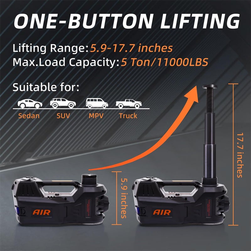 STANDTALL Electric Car Jack Quick Lifting Safe and Portable with Tire Inflator and LED Light Complete Set of Accessories 12V Hydraulic Floor Jack - Image 2