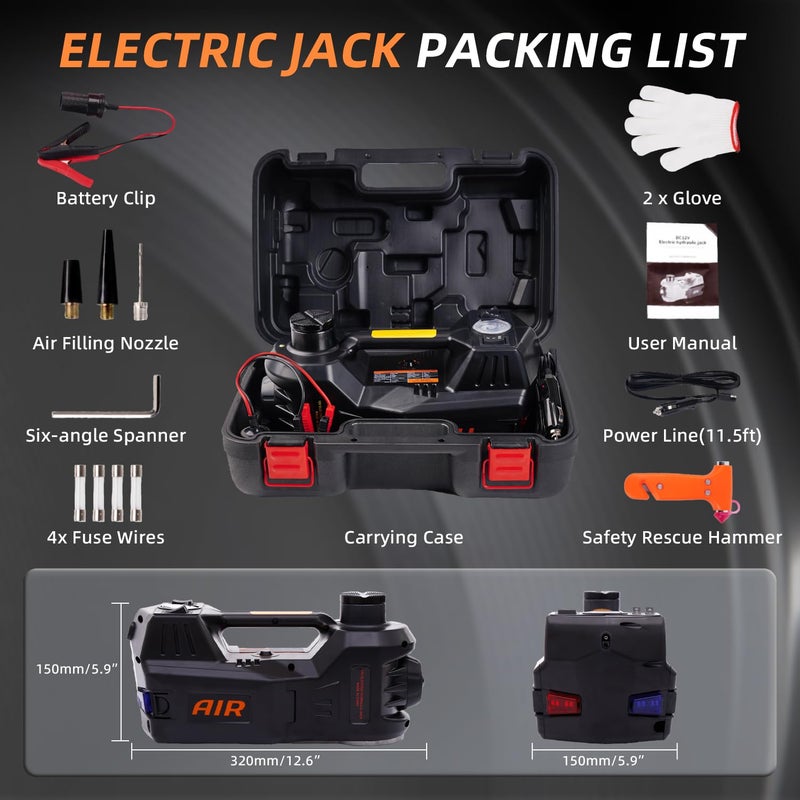 STANDTALL Electric Car Jack Quick Lifting Safe and Portable with Tire Inflator and LED Light Complete Set of Accessories 12V Hydraulic Floor Jack - Image 5