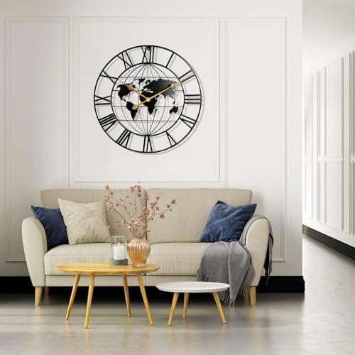 Nubilous Large World Map Wall Clock, Metal Minimalist Modern Clock, Round Silent Non-Ticking Battery Operated Wall Clocks for Living Room/Home/Kitchen/Bedroom/Office/School Decor (Black(DA-3), 40CM) - Image 4