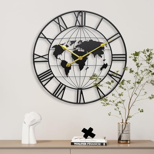 Nubilous Large World Map Wall Clock, Metal Minimalist Modern Clock, Round Silent Non-Ticking Battery Operated Wall Clocks for Living Room/Home/Kitchen/Bedroom/Office/School Decor (Black(DA-3), 40CM) - Image 2