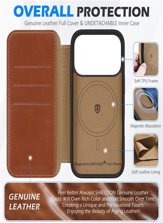 SHIELDON Genuine Leather Slim Wallet Case for iPhone 17 Pro 6.3-inch 5G 2025, Magnetic, Wireless Charging, RFID Blocking, Card Holder, Shockproof, Protective, Flip, Book Folio Cover - Retro Brown - Image 3