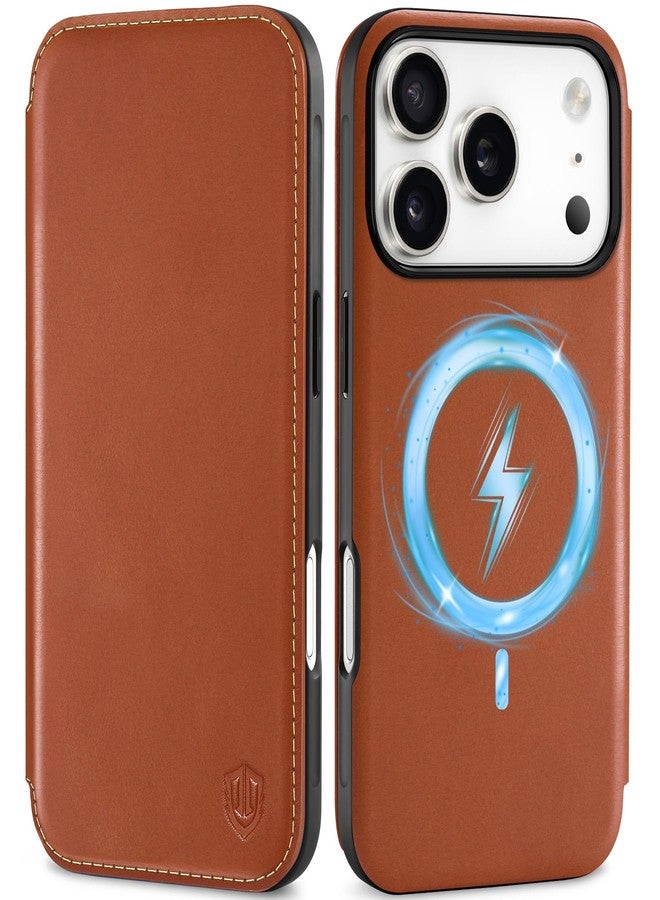 SHIELDON Genuine Leather Slim Wallet Case for iPhone 17 Pro 6.3-inch 5G 2025, Magnetic, Wireless Charging, RFID Blocking, Card Holder, Shockproof, Protective, Flip, Book Folio Cover - Retro Brown - Image 1