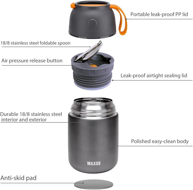 ITSLIFE Insulated Thermo Food Jar for Hot & Cold Food for Kids Adult, 17 oz Soup Thermal Hot Food Containers for Lunch, Triple Layer Insulation Stainless Steel Food Jar with Spoon (Grey) - Image 2