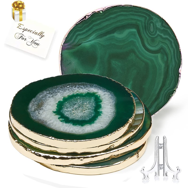 Green Agate Set of 4Natural Geode Coasters with Agate Slices and Gold Rim  4 x 35  Gemstone Coasters for Drink and Home Decor