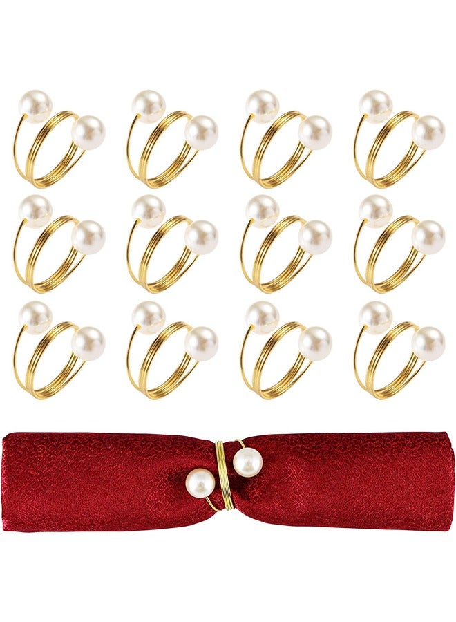 12PCS Gold Napkin Rings Set , Table Napkin Rings Double Pearl Napkin Ring Holder Metal Spiral Napkin Rings for Dinner Wedding - Image 1