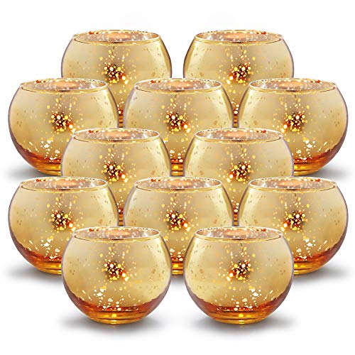 Volens Round Gold Votive Candle Holders, Mercury Glass Candle Holder Set of 12, Thanksgiving Decorations for Home - Image 1