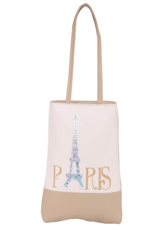 Pokory Tote Bag for Kids Beige Plain Bag with "Paris" Printed Design Faux Leather Tote Bag - Image 3