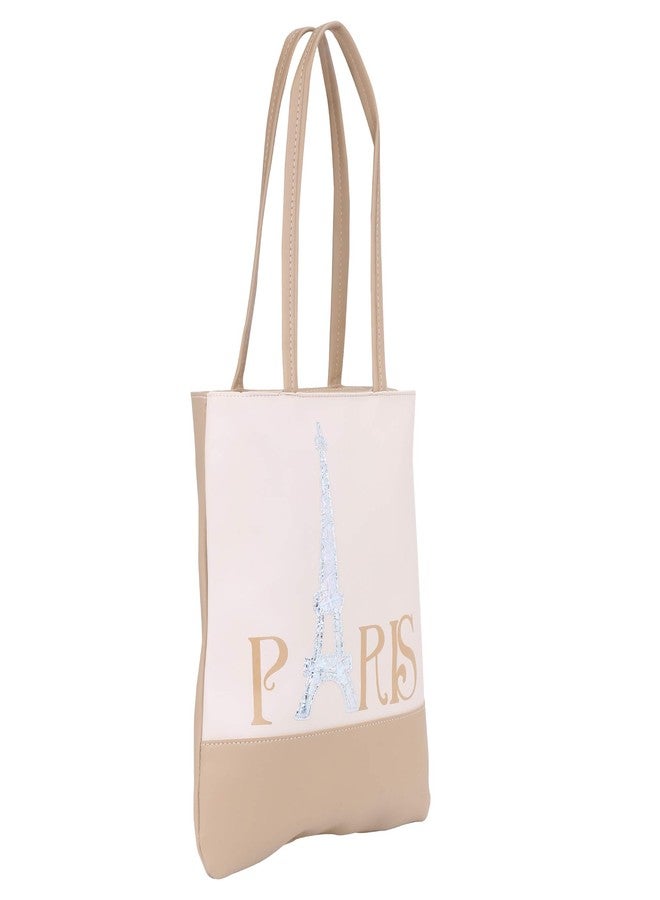 Pokory Tote Bag for Kids Beige Plain Bag with "Paris" Printed Design Faux Leather Tote Bag - Image 2