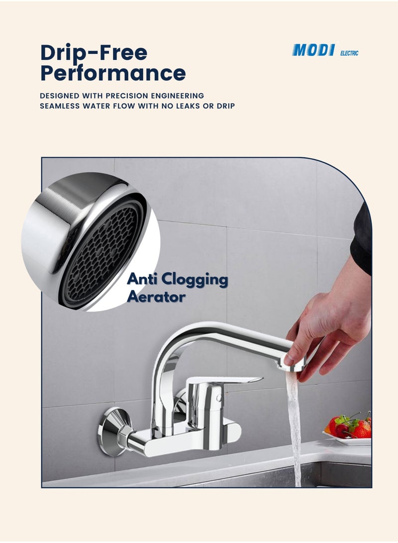 مودي خلاط حوض المطبخ بمفتاح الماء الساخن والبارد | حنفية حائطية من الكروم | تصميم عصري أنيق | مقاوم للصدأ وتوفير المياه | مقبض سهل الاستخدام - Image 5