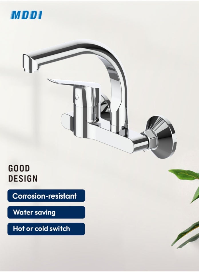 مودي خلاط حوض المطبخ بمفتاح الماء الساخن والبارد | حنفية حائطية من الكروم | تصميم عصري أنيق | مقاوم للصدأ وتوفير المياه | مقبض سهل الاستخدام - Image 1