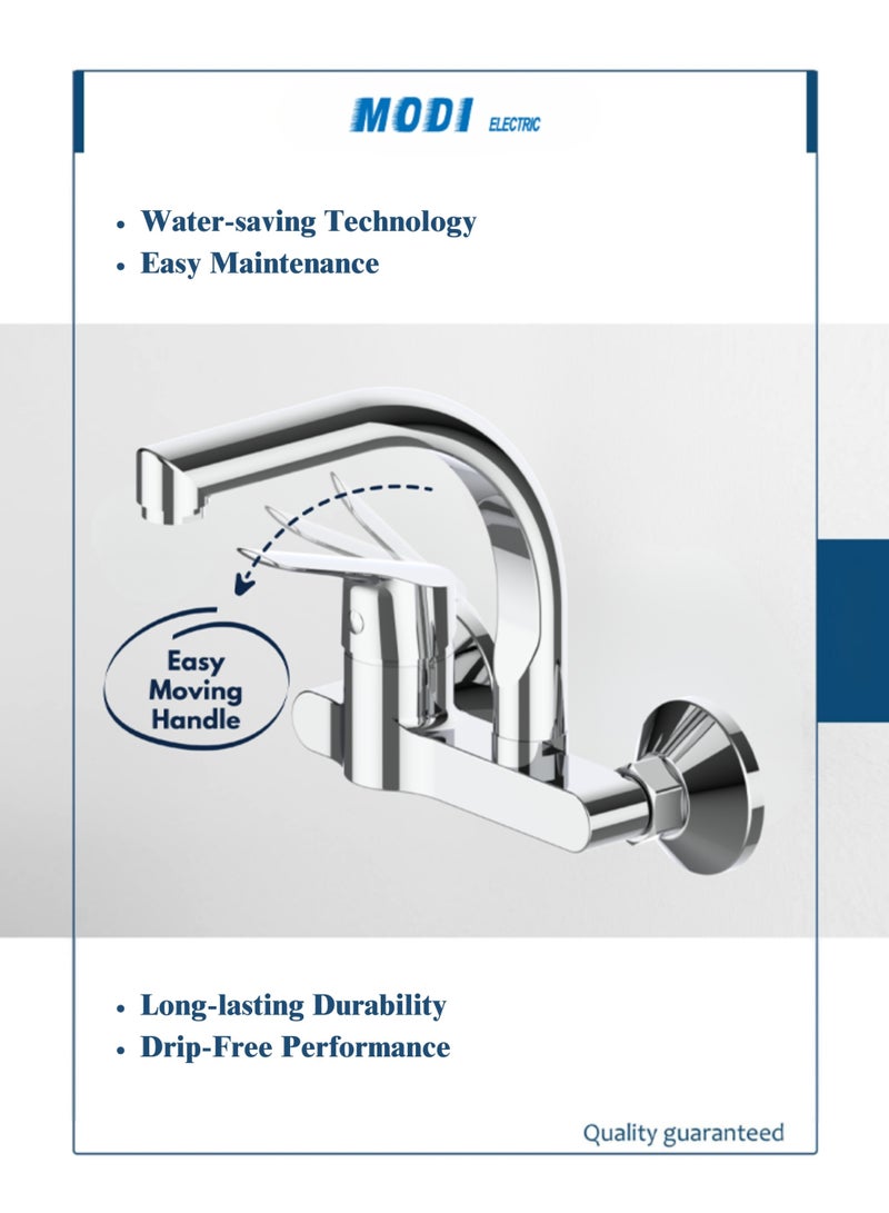 مودي خلاط حوض المطبخ بمفتاح الماء الساخن والبارد | حنفية حائطية من الكروم | تصميم عصري أنيق | مقاوم للصدأ وتوفير المياه | مقبض سهل الاستخدام - Image 3