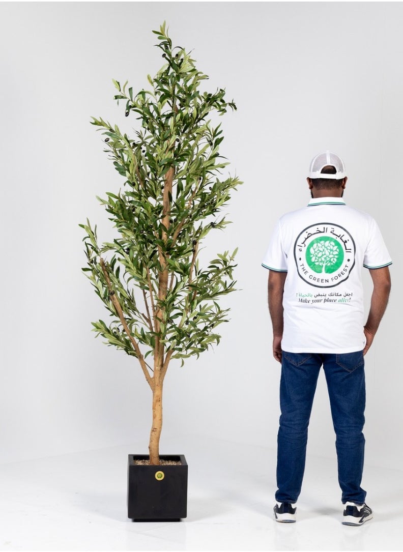 The Green Forest Hight 2.20m , Big Artificial Olive Tree With Real Trunk And Silk Cloth Olive Leaves , Including a luxury Planter  Black Color  - Image 1