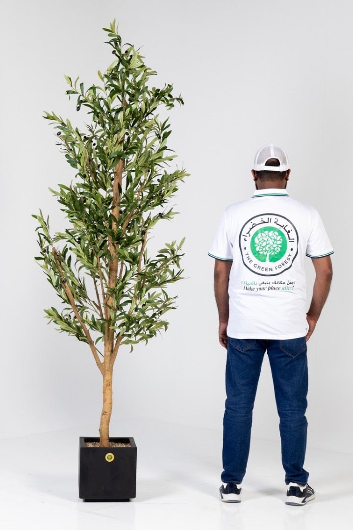 The Green Forest Hight 2.20m , Big Artificial Olive Tree With Real Trunk And Silk Cloth Olive Leaves , Including a luxury Planter  Black Color  - Image 1