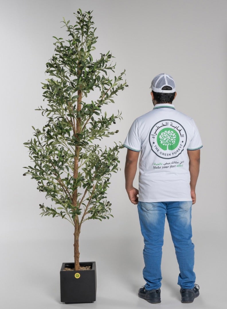 The Green Forest Hight 2.20m , Big Artificial Olive Tree With Real Trunk And Silk Cloth Olive Leaves , Including a luxury Planter  Black Color - Image 1