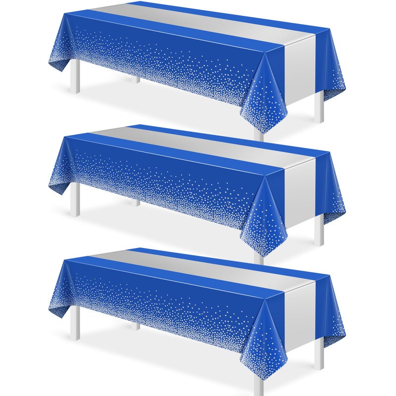 MASHAN 3Pcs Blue and Silver Tablecloth Party Decorations,Plastic Royal Blue Table Cloth Printed Silver Table Runner Disposable Rectangle Tables Cover for Anniversary Wedding Graduation 2025 Party,54x108 Inch - Image 1