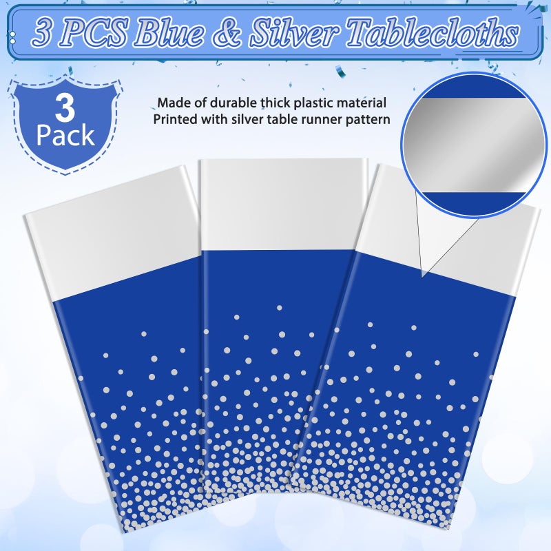 MASHAN 3Pcs Blue and Silver Tablecloth Party Decorations,Plastic Royal Blue Table Cloth Printed Silver Table Runner Disposable Rectangle Tables Cover for Anniversary Wedding Graduation 2025 Party,54x108 Inch - Image 4