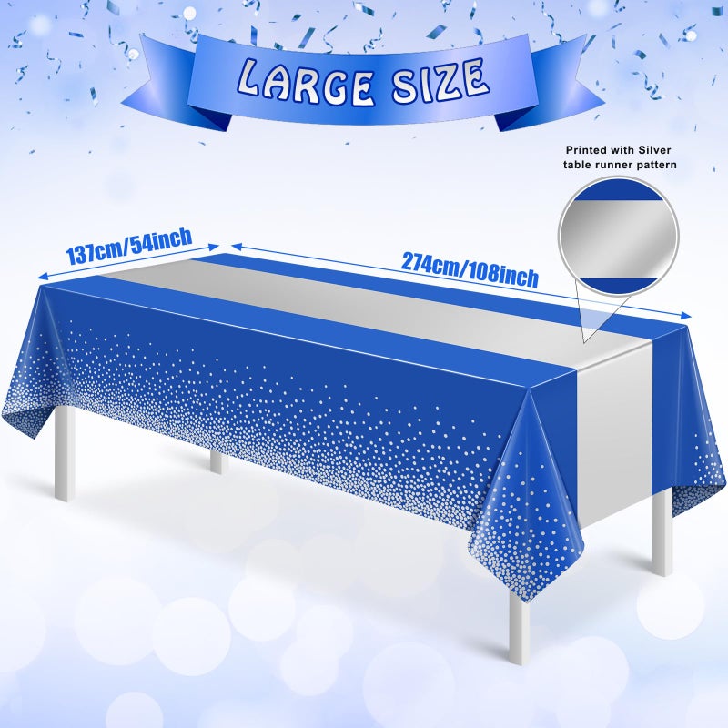 MASHAN 3Pcs Blue and Silver Tablecloth Party Decorations,Plastic Royal Blue Table Cloth Printed Silver Table Runner Disposable Rectangle Tables Cover for Anniversary Wedding Graduation 2025 Party,54x108 Inch - Image 2