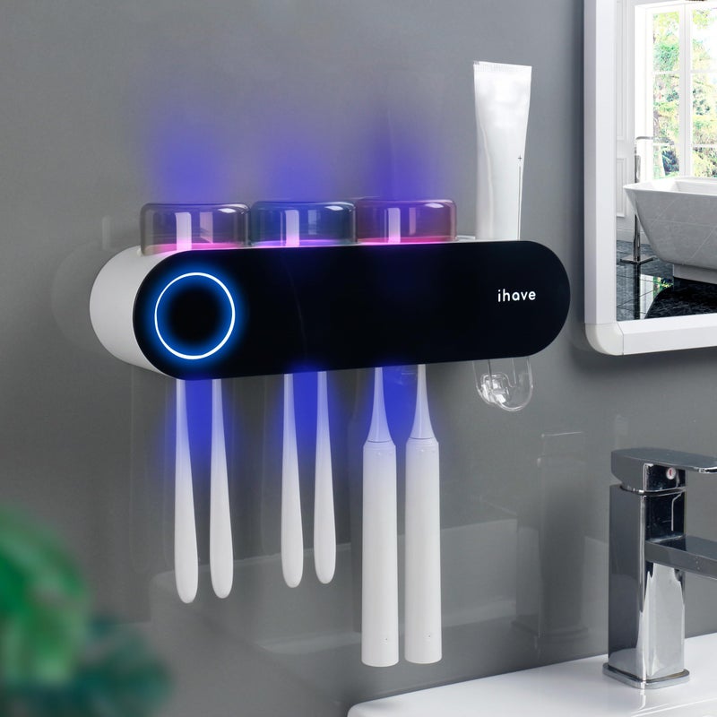iHave Toothbrush Holders for Bathrooms UV Toothbrush Sanitizer and Holder Smart Home Bathroom Accessories 3 Cups Electric Toothbrush Holder Wall Mounted with Toothpaste Dispenser Bathroom Decor