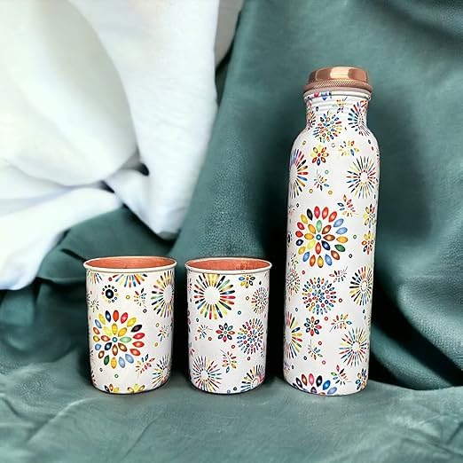 Piepot Copper Water Bottle 1 Ltr | Copper Water Bottle with Glass Set | Meena Work | 100% Pure | Leak-Proof | 2 Water Glass 300ml each | Best for Gifting ((Balloon Design - 1)) - Image 3