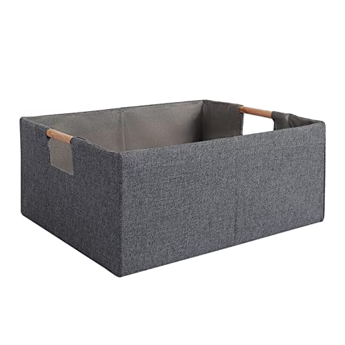 LaMore Fabric Storage Bin Box Foldable Collapsible Storage Basket with Wooden Handles Rectangular Cube Decorative Home Nursery Organizer Clothes Blanket Container  Grey Medium