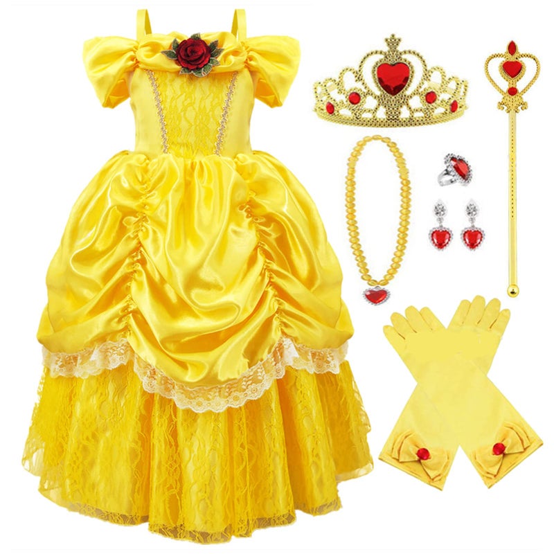TYHTYM Princess Costumes Little Girls Dress Up Fancy Halloween Christmas Party (Yellow, 6-7T)… - Image 3