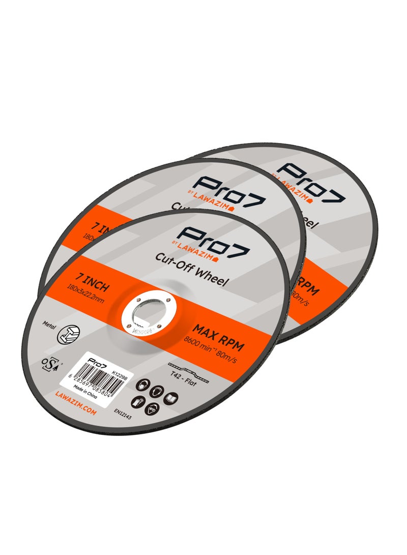 LAWAZIM Pro7 Cutting Disc for Metal - 3 Piece 7inch (180x3mm) - Heavy Duty Cut Off Cutting Wheel Set with 7/8" Arbor - Ideal for Metal, Inox, Pipes, Rods, Profiles, and Precision Cutting - Image 1