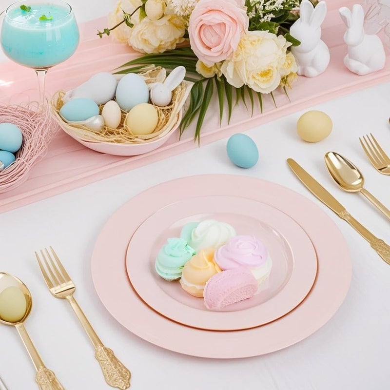 FLOWERCAT 100PCS Pink Plastic Plates - Heavy Duty Pink Party set Disposable serve for 50 guests -10 inch Dinner + 7 inch Dessert/Salad Plates for Easter,Birthday Party,Mother's Day - Image 5