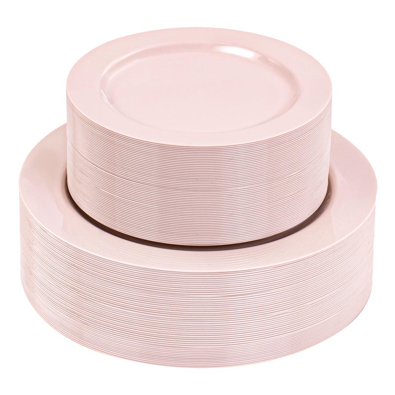FLOWERCAT 100PCS Pink Plastic Plates - Heavy Duty Pink Party set Disposable serve for 50 guests -10 inch Dinner + 7 inch Dessert/Salad Plates for Easter,Birthday Party,Mother's Day - Image 1