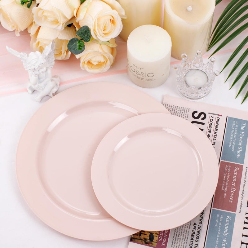 FLOWERCAT 100PCS Pink Plastic Plates - Heavy Duty Pink Party set Disposable serve for 50 guests -10 inch Dinner + 7 inch Dessert/Salad Plates for Easter,Birthday Party,Mother's Day - Image 4