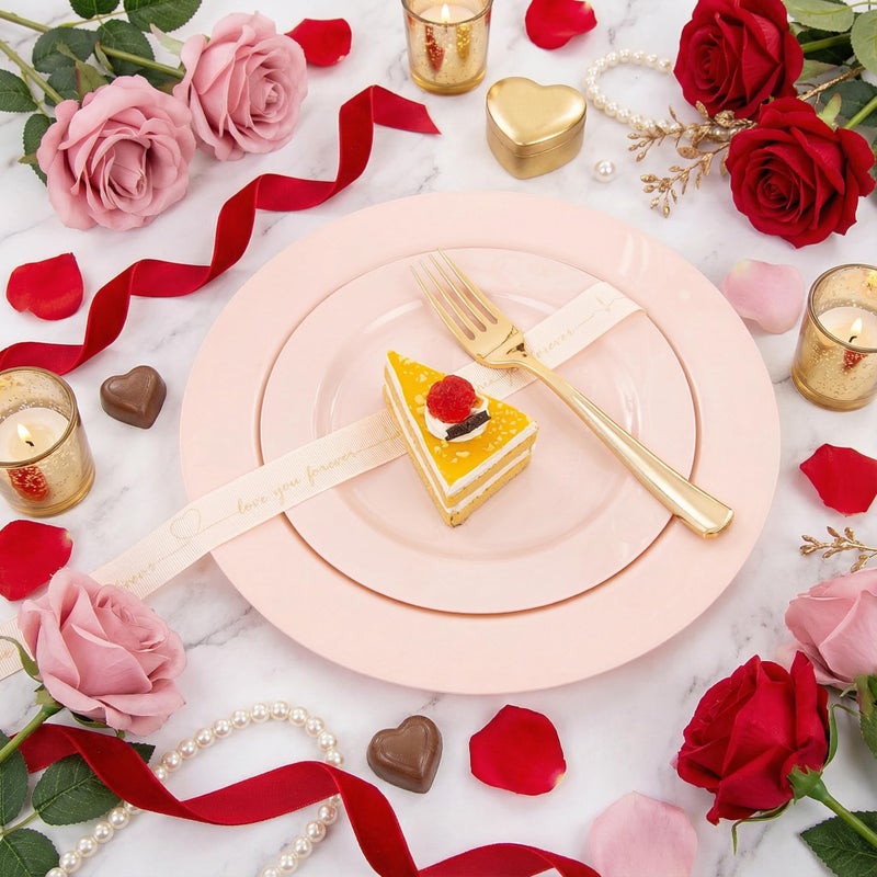 FLOWERCAT 100PCS Pink Plastic Plates - Heavy Duty Pink Party set Disposable serve for 50 guests -10 inch Dinner + 7 inch Dessert/Salad Plates for Easter,Birthday Party,Mother's Day - Image 2