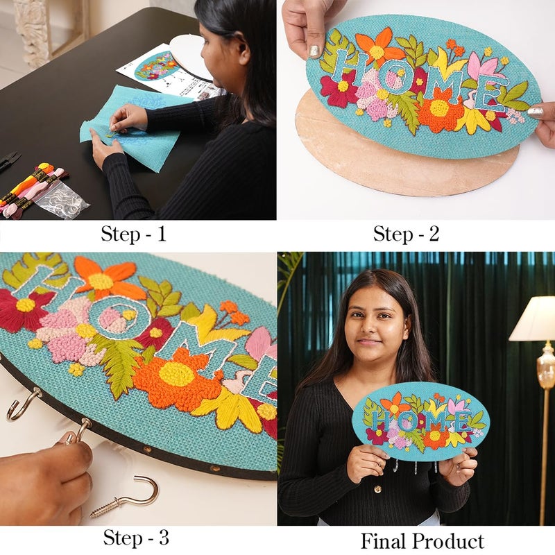 picknMAKE DIY Embroidered Keychain Holder Kit Complete Set with Oval MDF Base Natural Jute Fabric Home Floral Design Multicolor Threads Hooks Glue and Easy Mounting Setup - Image 4