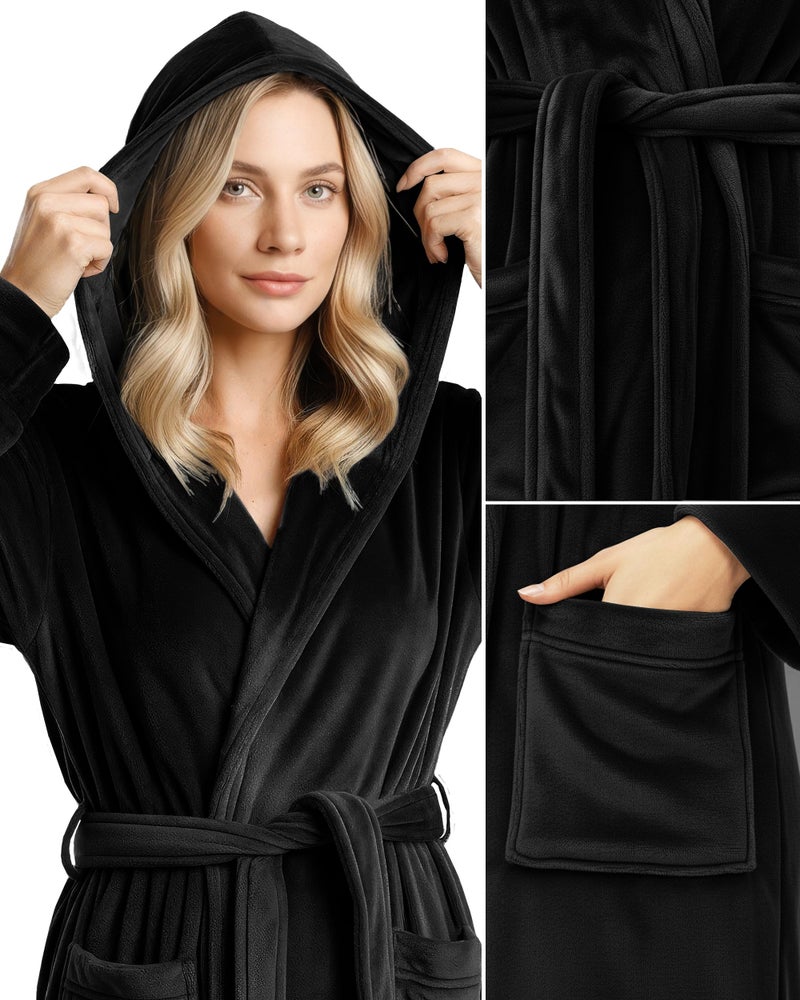 NY Threads روب نسائي فاخر من NY Threads مع غطاء رأس، روب استحمام طويل من الفليس الناعم للنساء، روب استحمام نسائي ناعم ورقيق، متوسط، أسود - Image 3