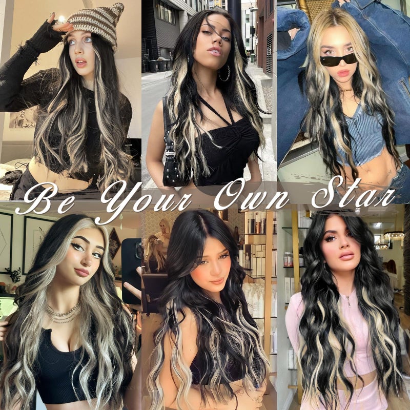 BARSDAR Black and Blonde Clip in Hair Extensions - Black Blonde Highlights Long Wavy Clip in Hair Extensions for Women - 20 Inch 5 PCS Thick Soft Synthetic Hairpieces Daily Party Halloween - Image 5