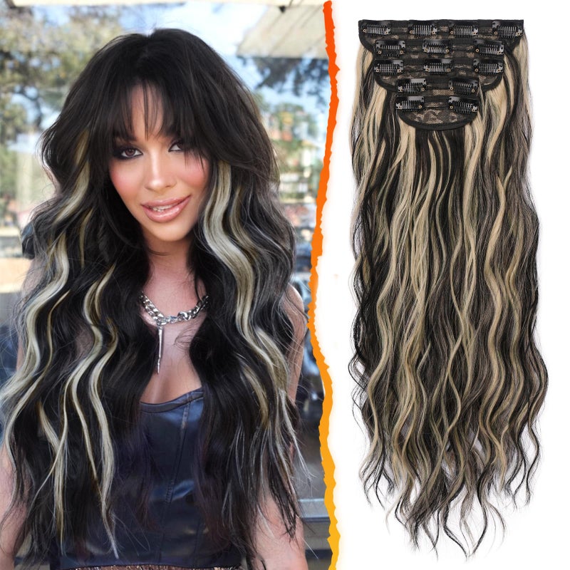 BARSDAR Black and Blonde Clip in Hair Extensions - Black Blonde Highlights Long Wavy Clip in Hair Extensions for Women - 20 Inch 5 PCS Thick Soft Synthetic Hairpieces Daily Party Halloween - Image 1
