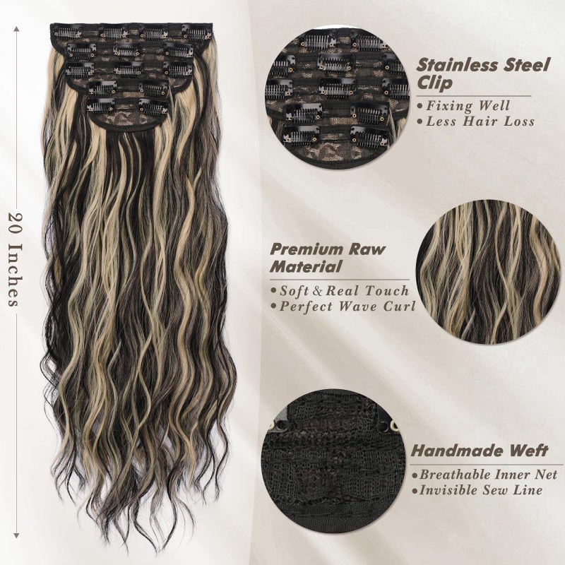 BARSDAR Black and Blonde Clip in Hair Extensions - Black Blonde Highlights Long Wavy Clip in Hair Extensions for Women - 20 Inch 5 PCS Thick Soft Synthetic Hairpieces Daily Party Halloween - Image 3