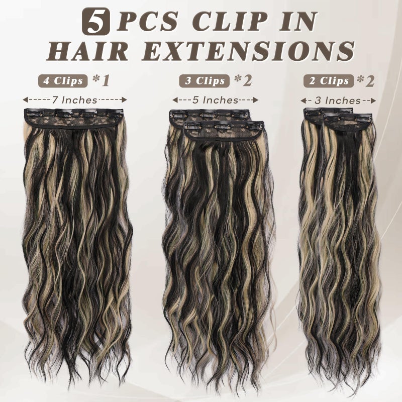 BARSDAR Black and Blonde Clip in Hair Extensions - Black Blonde Highlights Long Wavy Clip in Hair Extensions for Women - 20 Inch 5 PCS Thick Soft Synthetic Hairpieces Daily Party Halloween - Image 2