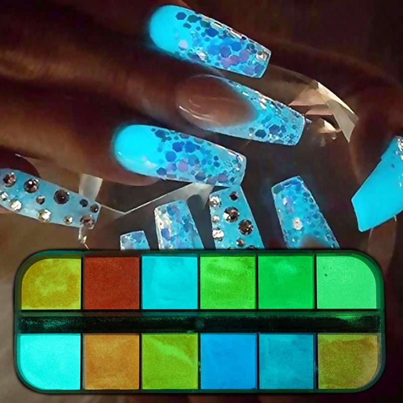 12 Colors Luminous Pigment Nail Powder Holographic Night Fluorescent Pigments Dust Nail Art Design Glow Nail Powders Gradient Iridescent Nail Glitters Supplies for Nail Art Gel Polish Dipping Powder