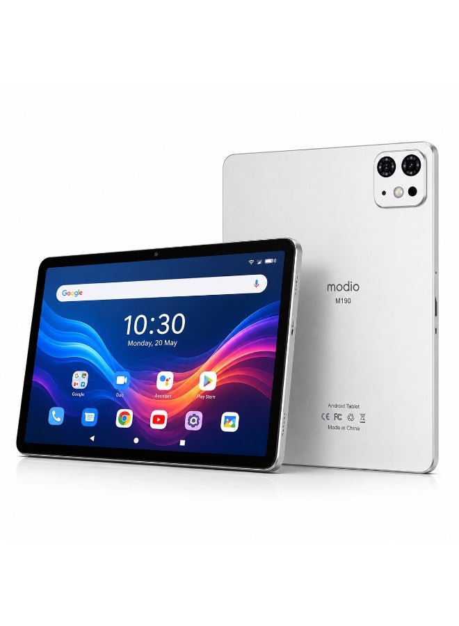 Modio TAB M190 9-Inch Tablet PC, 12GB RAM + 512GB ROM, Android 13, Dual SIM, 5000mAh Battery, 16MP Camera, WiFi, Complete Accessories – Silver - Image 1