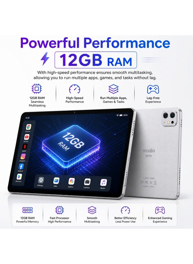 Modio TAB M190 9-Inch Tablet PC, 12GB RAM + 512GB ROM, Android 13, Dual SIM, 5000mAh Battery, 16MP Camera, WiFi, Complete Accessories – Silver - Image 3
