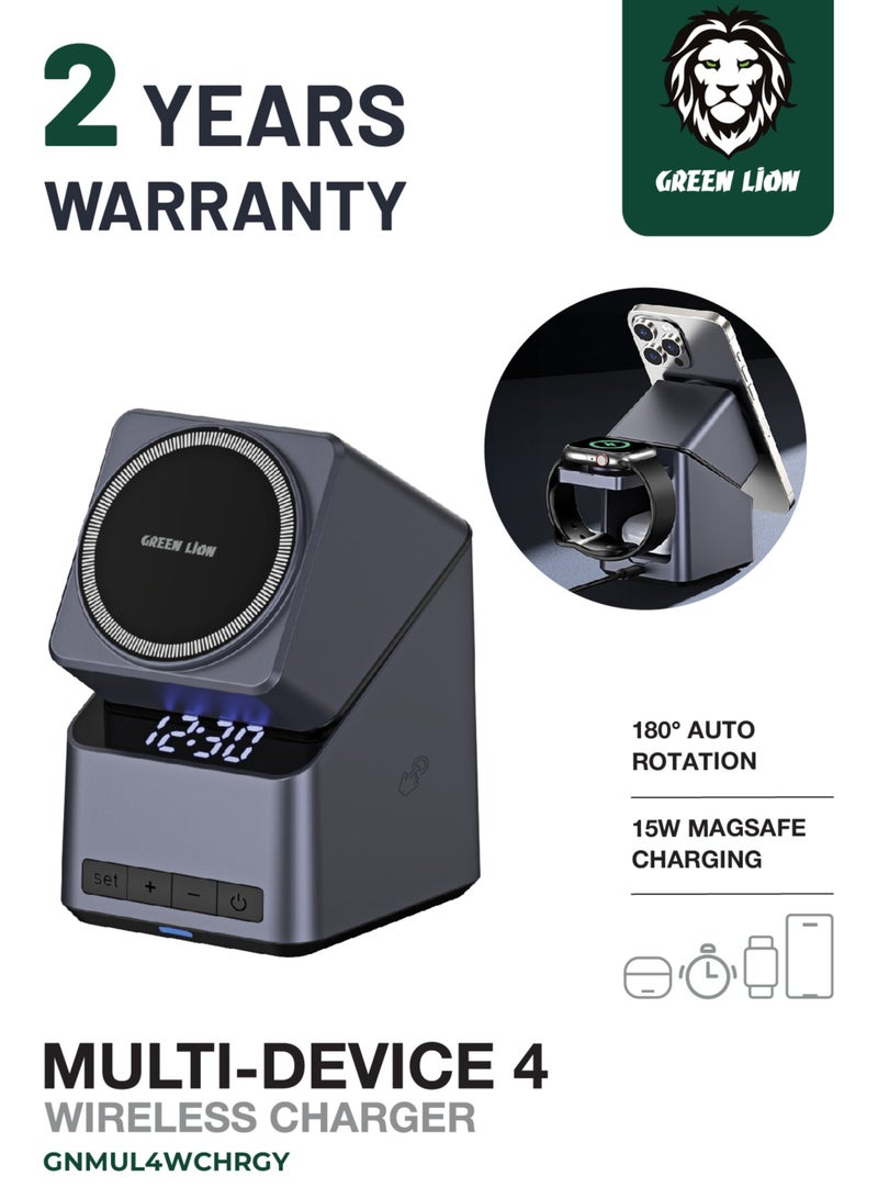 GREEN LION Multi Device 4 Wireless Charger with Digital Clock and 180° Auto Rotation / 15W Wireless Charger / Phone, Watch & Buds / Adjustable Angle View / Fast Charger - Grey - Image 1