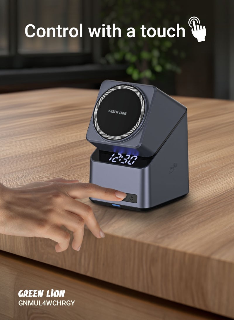 GREEN LION Multi Device 4 Wireless Charger with Digital Clock and 180° Auto Rotation / 15W Wireless Charger / Phone, Watch & Buds / Adjustable Angle View / Fast Charger - Grey - Image 4