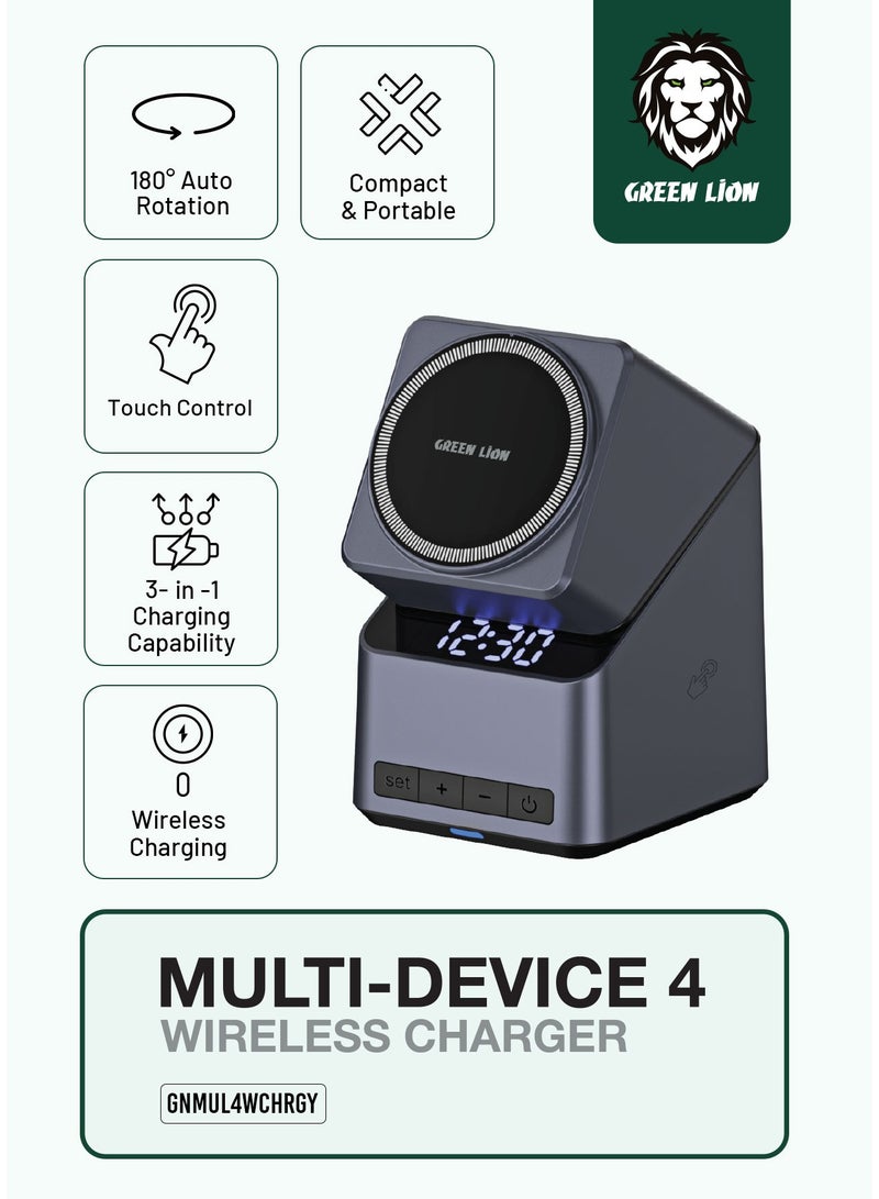 GREEN LION Multi Device 4 Wireless Charger with Digital Clock and 180° Auto Rotation / 15W Wireless Charger / Phone, Watch & Buds / Adjustable Angle View / Fast Charger - Grey - Image 2
