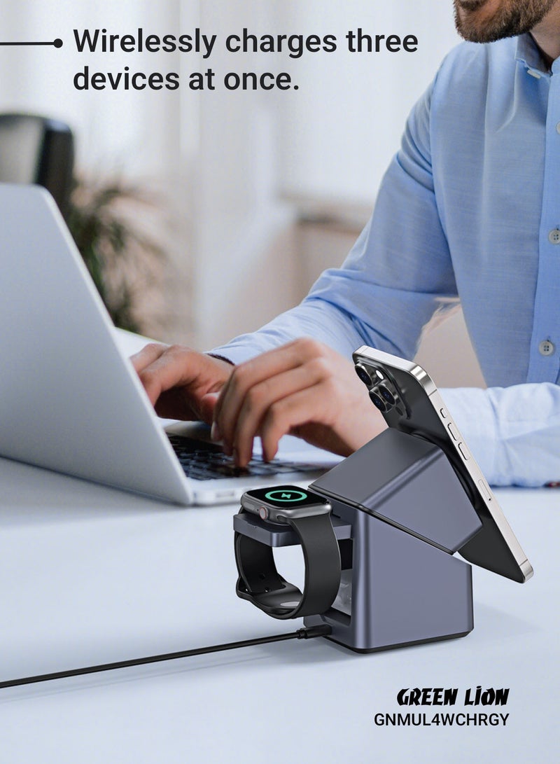 GREEN LION Multi Device 4 Wireless Charger with Digital Clock and 180° Auto Rotation / 15W Wireless Charger / Phone, Watch & Buds / Adjustable Angle View / Fast Charger - Grey - Image 5